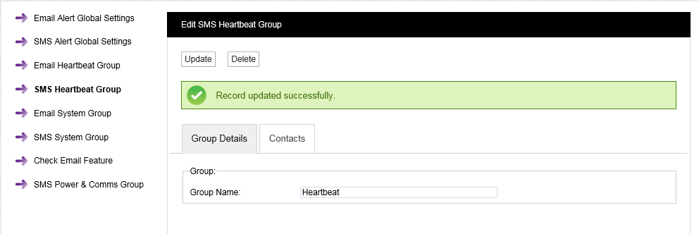 SMS Heartbeat Group Successfully Updated