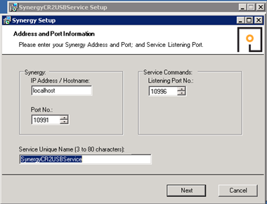 SynergyCR2USBService Address and Port Information